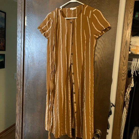 Dark Mustard Yellow Striped Midi Shirt Dress - Picture 3 of 4